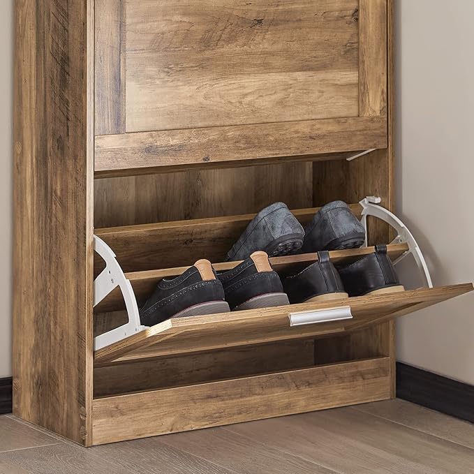 Haotian Small Shoe Storage Cabinet Entryway, Slim Shoe Rack for Small Space 2 Flip-Drawers, Shoe Organizer for Hallway Brown FSR137-F-NeatNest