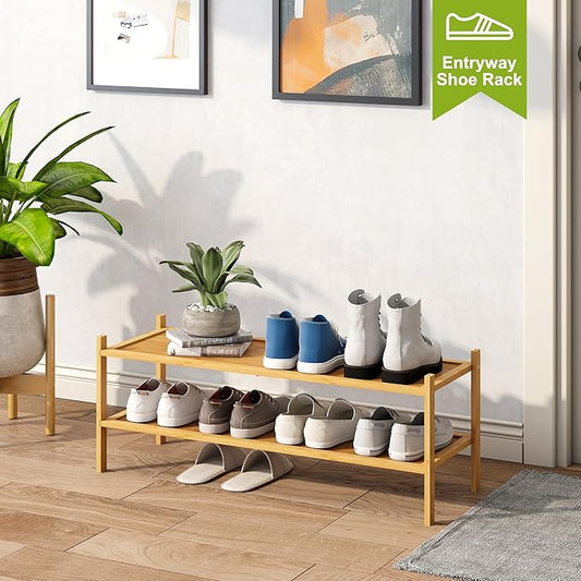BMOSU 2-Tier Bamboo Extended Shoe Rack Premium Stackable Shoe Shelf Storage Organizer for Hallway Closet Living Room Entryway Organizer(Natural)-NeatNest