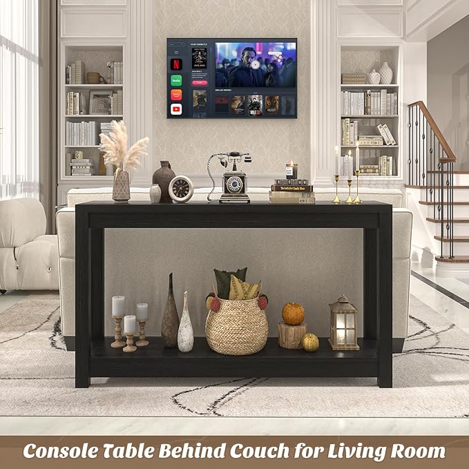 47" Farmhouse Wood Entryway Table Narrow Console Table with Storage Behind Couch Sofa Table with Shelves for Entry Way with Open Storage, Easy Assembly, Embossed Wood Grain Black-NeatNest