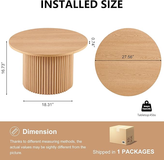 27.56" Round Accent Side Table with Wood Strip Base for Living Room, Farmhouse End Table Engineered Wood Desktop Solid Oak Wood Veneer Furnish, Modern Nightstand Table for Bedroom