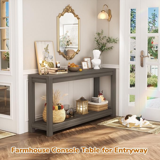 47" Farmhouse Wood Entryway Table Narrow Console Table with Storage Behind Couch Sofa Table with Shelves Entry Way Table with Open Storage, Easy Assembly, Grey Walnut-NeatNest