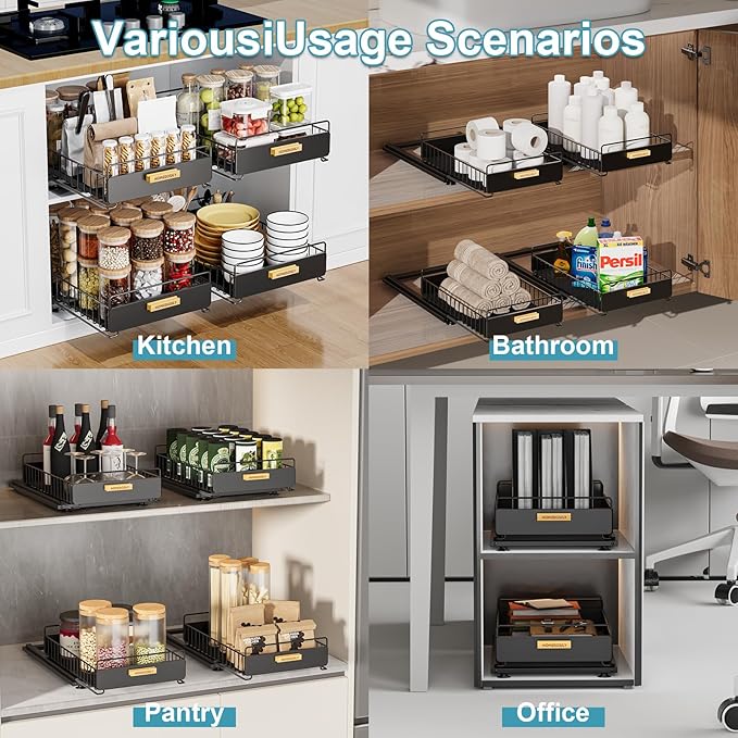Under Sink Organizer, Kitchen Under Sink Organizers and Storage, Mute Pull Out Cabinet Organizer Shelf, Metal Sliding Drawer for Kitchen Bathroom Pantry Cabinet Closet Organization Rack, Black-NeatNest