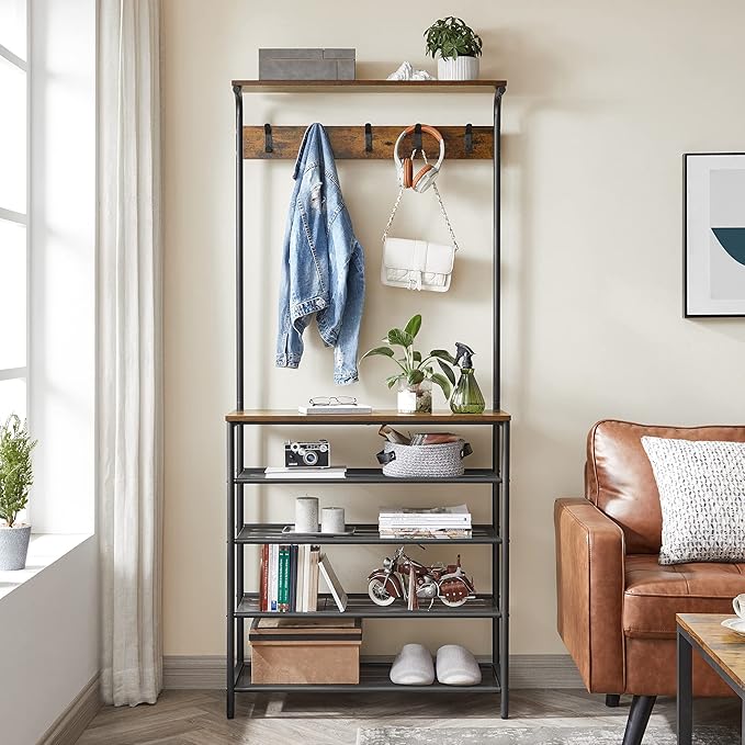 VASAGLE Hall Tree with Shoe Bench, Coat Rack Shoe Bench, 5-Tier Shoe Rack Different Heights, 5 Dual Hooks, Top Shelf, Entryway Organizer, Hallway Bedroom Dorm, Rustic Brown and Black UHSR408B01-NeatNest