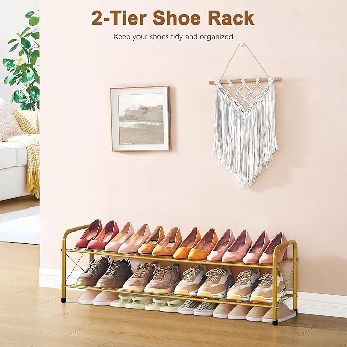Hoctieon 2 Tier Shoe Rack for Closet, Durable Mesh Style Shoe Rack, Entryway Shoe Shelf, Shoe Storage Organizer for Hallway, Bedroom, Living Room, Wardrobe, Gold-NeatNest