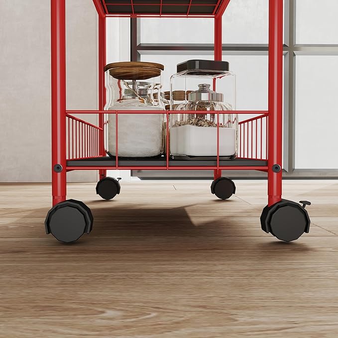 6 Tier Slim Storage Cart with Wheels Metal Rolling Organizer Utility Cart Narrow Mobile Shelving Unit Tiered Storage Shelf on Wheels for Kitchen Bathroom (Red, 10")