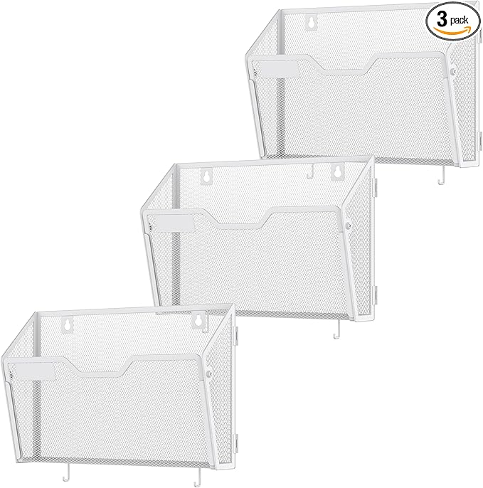 Docnest 3 Pack Hanging Wall File Holders, Mesh Wall Letter File Holder, Wall Mounted Mail Paper Document Folder Holder with Hooks for Office, Home, School, White