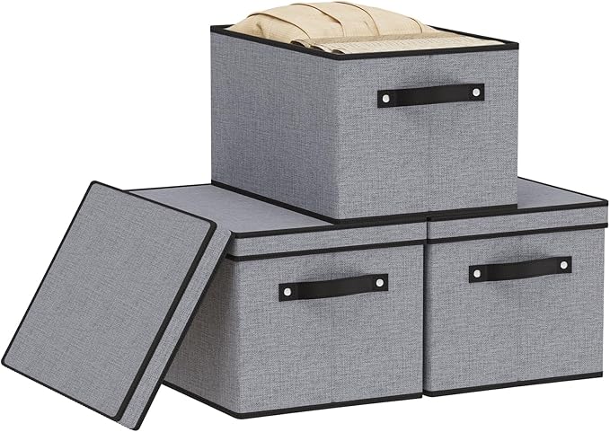 Clothing Storage Bins, Blanket Baskets for Shelves, Fabric Cubes with Handles and Lids, Decorative Linen Closet Organizers Boxes, Gray, 3 Pack, 16.5 x 11.8 x 10.2 Inch-NeatNest