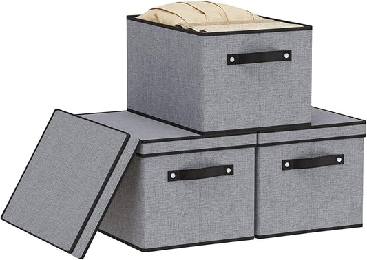 Clothing Storage Bins, Blanket Baskets for Shelves, Fabric Cubes with Handles and Lids, Decorative Linen Closet Organizers Boxes, Gray, 3 Pack, 16.5 x 11.8 x 10.2 Inch-NeatNest