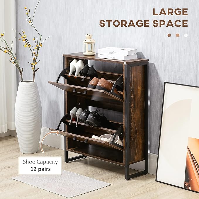 HOMCOM Industrial Shoe Cabinet with 2 Flip Drawers, Freestanding Shoe Storage Cabinet for 12 Pairs, Narrow Slim Shoe Rack for Entryway, Hallway, Rustic Brown