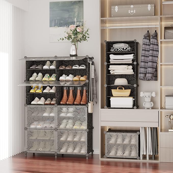 AWTATOS Shoe Rack, 8 Tier Shoe Storage Cabinet with Door, 32 Pair Shoe Organizer Shelves for Closet Hallway Bedroom Entryway, Black-NeatNest