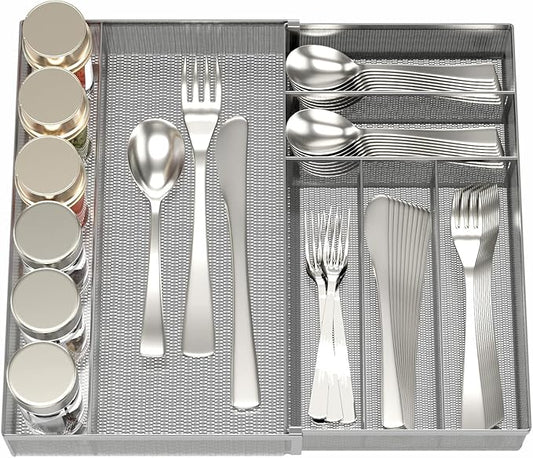 JANE EYRE Utensil Drawer Organizer - Expandable Cutlery Tray, Silverware/Flatware Storage Divider for Kitchen, Mesh Designing with Non-slip Rubber Feet (Silver)-NeatNest