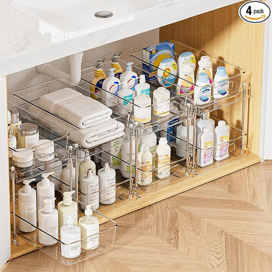 Vtopmart 4 Pack Bathroom Organizer, 2 Tier Clear Under Sink Organizers Vanity Countertop Storage Container,Cabinet Drawers Bins, Pull-Out Organization with Track for Pantry, Kitchen-NeatNest