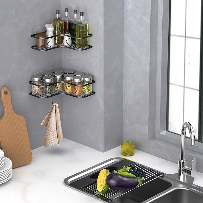 Kadolina Large Corner Shower Caddy, 2 Pack Adhesive Bathroom Shower Organizer Shelves, No Drilling Rustproof Wall Mounted Shower Storage Basket Shampoo Holder Organizer (Black)