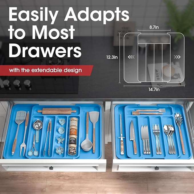 Aujen Silverware Organizer - Expandable Kitchen Drawer Organizer, Adjustable Utensil Organizer, Cutlery Tray for Forks, Knives, Multipurpose Kitchen Organizers and Storage Solution, Dark Blue, Medium-NeatNest