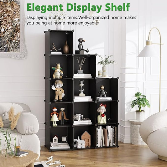 C&AHOME Cube Storage Organizer, 12-Cube Shelves Units, Closet Cabinet, DIY Plastic Modular Book Shelf, Ideal for Bedroom, Living Room, Office, 36.6" L x 12.4" W x 48.4" H Black SHS3012B-NeatNest