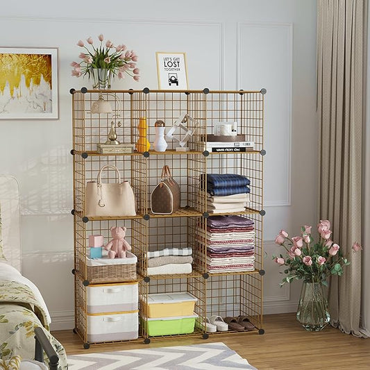 C&AHOME Wire Cube Storage, 12 - Cube Organizer Metal C Grids, Modular Shelves Units, Closet Organizer, Ideal for Home, Office, Living Room, 36.6”L x 12.4”W 48.4”H, Brown UWCS3012R-NeatNest
