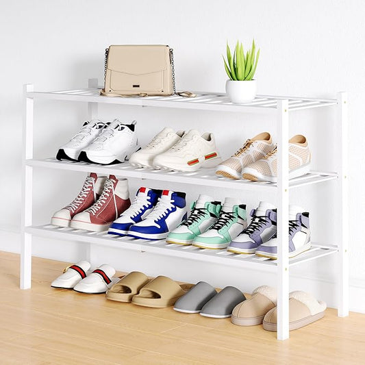 Smiry Shoe Rack, 3 Tier Long Bamboo Shoe Organizer, Stackable Free Standing Wooden Shoe Storage Shelf for Closet, Entryway, Front Door Entrance, White-NeatNest