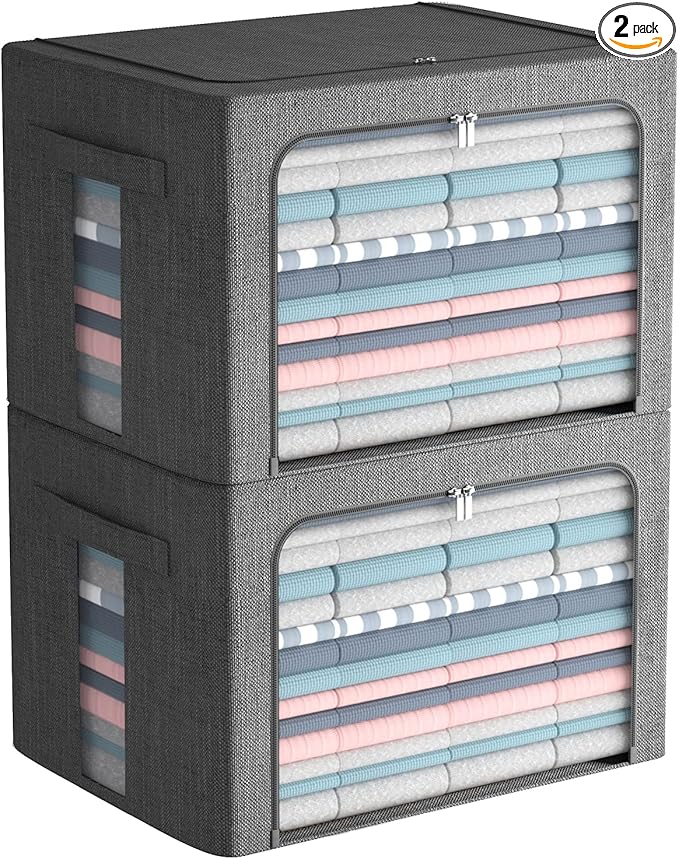 2 Pack Clear Window Storage Bins Large Foldable Fabric Storage Bins Boxes for Clothes Stackable Organizer Set with Carrying Handles19.7X 15.7X 12.6 Inches-NeatNest