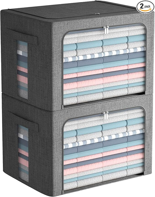 2 Pack Clear Window Storage Bins Large Foldable Fabric Storage Bins Boxes for Clothes Stackable Organizer Set with Carrying Handles19.7X 15.7X 12.6 Inches-NeatNest