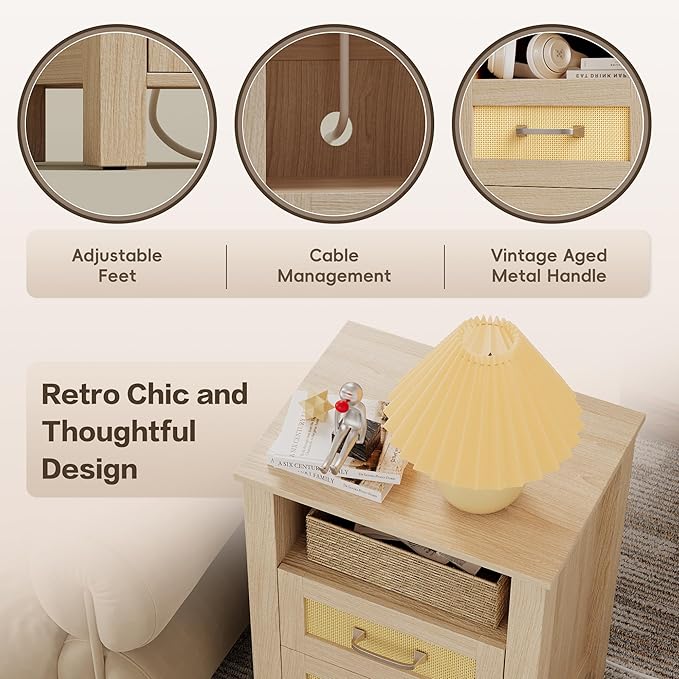 JUMMICO 26.18" End Table with Charging Station and Rattan Drawers, Farmhouse Nighstand, Wooden Storage Bedside Table, Living Room, Bedroom(1, Light Oak)