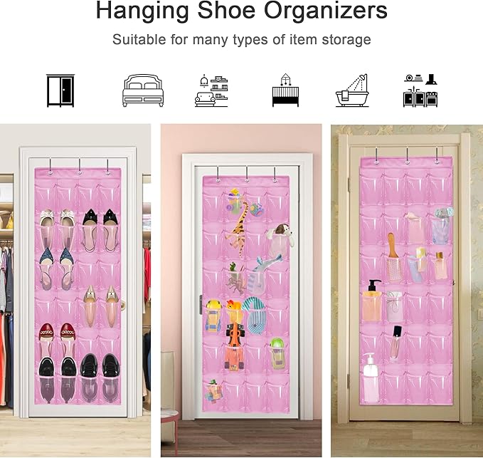Over The Door Shoe Organizer - Space Saving Shoe Rack for Closet Door with 24 Pockets and Hook, Shoe Holder Back of Door Organizers for Shoes, Hanging Shoe Organizer (Pink)-NeatNest