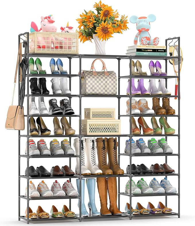 Kottwca Shoe Rack Organizer, Large Shoe Rack for Entryway Closet, Metal Shoe Shelf for Shoes and Boots, Big Non-Woven Fabric Shoe Storage Organizer with Hooks for Cloakroom, Black…-NeatNest