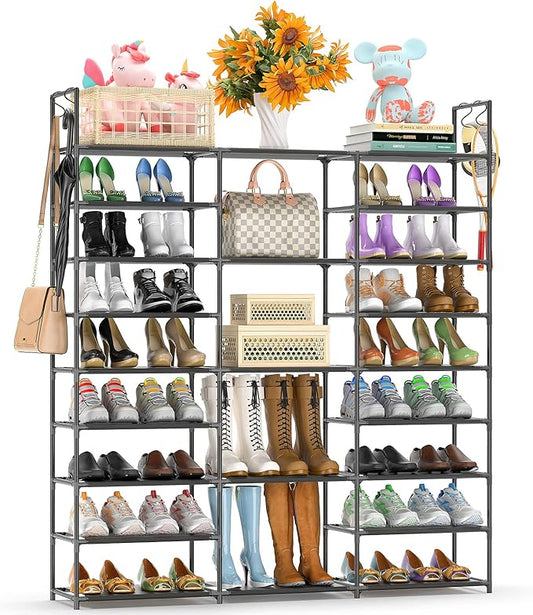 Kottwca Shoe Rack Organizer, Large Shoe Rack for Entryway Closet, Metal Shoe Shelf for Shoes and Boots, Big Non-Woven Fabric Shoe Storage Organizer with Hooks for Cloakroom, Black…-NeatNest