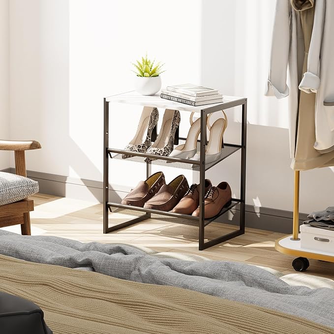 Garden 4 you 3 Tiers Narrow Shoe Rack,Small Space Freestanding Shoe Storage Organizer with White Wooden Tabletop,Adjustable Metal Shelf Stackable Shoe Shelf for Entryway Hallway Living Room Closet-NeatNest