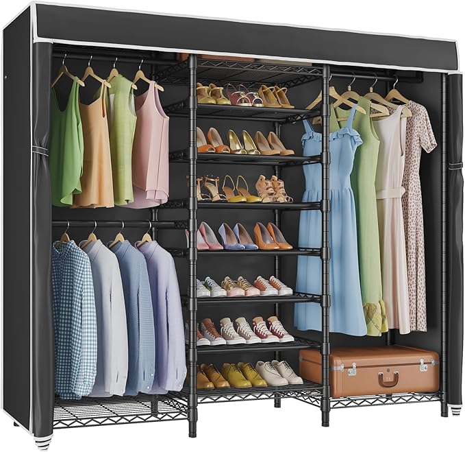 VIPEK S3C Heavy Duty Portable Closet with Adjustable Shoe Rack Wire Shelf, Large Wardrobe Organizer for Bedroom Storage, Freestanding Clothes Rack with Hanging Rod, Custom Black Rack with Black Cover-NeatNest