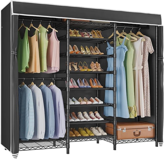 VIPEK S3C Heavy Duty Portable Closet with Adjustable Shoe Rack Wire Shelf, Large Wardrobe Organizer for Bedroom Storage, Freestanding Clothes Rack with Hanging Rod, Custom Black Rack with Black Cover-NeatNest