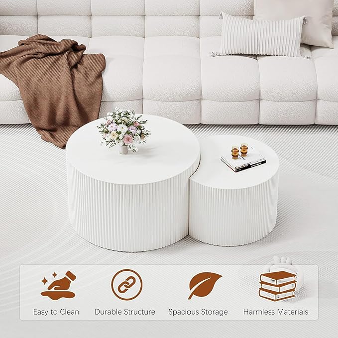 Round Wood Coffee Table Set of 2 Modern Circle Nesting Coffee Table Handcrafted Drum Nesting Table Nesting Coffee Tables for Living Room for Small Space (Cream (D18.9+D14.8 inch))