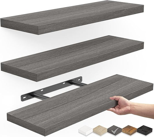 BAYKA Floating Shelves for Wall, Wall Mounted Rustic Wood Shelves for Bathroom, Bedroom, Living Room, Kitchen,Small Hanging Shelf for Books/Storage/Room Decor (Grey, Set of 3, 15.7in)-NeatNest