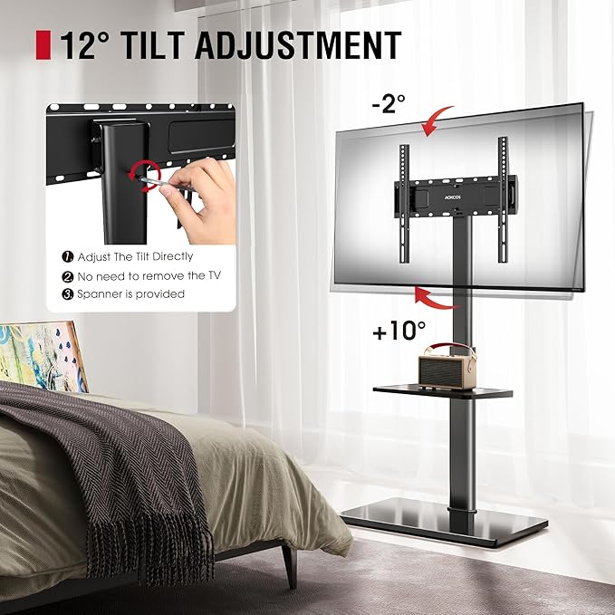 Floor TV Stand with 60-Degree Swivel, TV Floor Stand for 32-65 inch TVs up to 88lbs with Tilt, 8 Level Height Adjustable Tall TV Mount Stand with Shelf, Tempered Glass Base, MAX VESA 400x400mm