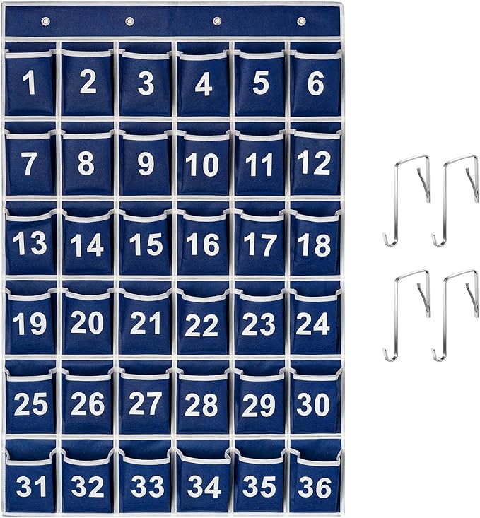 36 Pockets Blue Numbered Classroom Pocket Chart for Cell Phones, Hanging Pocket Chart Storage for Classroom Phone Calculator Holder with 4 Stainless Steel Hooks (Blue-36pockets)-NeatNest