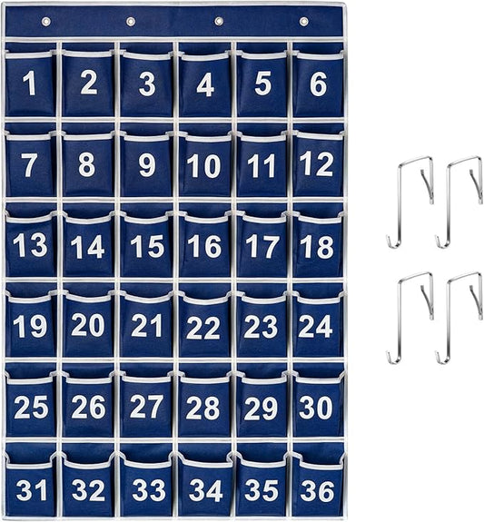36 Pockets Blue Numbered Classroom Pocket Chart for Cell Phones, Hanging Pocket Chart Storage for Classroom Phone Calculator Holder with 4 Stainless Steel Hooks (Blue-36pockets)-NeatNest