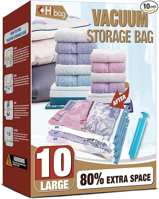 HIBAG Vacuum Storage Bags, 10 Large Space Saver Vacuum Seal Bags, Nylon & Polyethylene (PE) Material, Zipper Closure, Rectangular Shape, Durable, 10-Pound Load Capacity, For Bedding & Clothing-NeatNest
