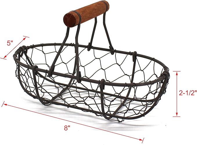 CVHOMEDECO. Chicken Wire Egg Baskets Rust Gathering Baskets with Wooden Handle Country Vintage Style Storage Baskets. Set of 2 (Oval)
