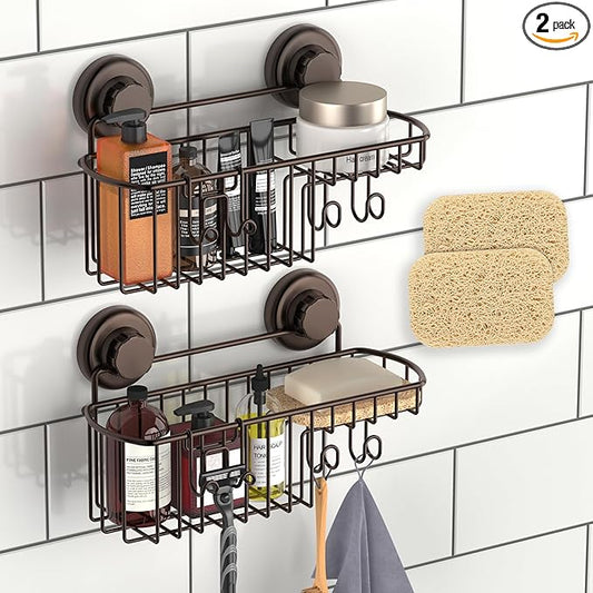 HASKO 2 Pack Shower Caddy Suction Cup with Hooks & Soap holder, Includes 2 Soap Savers, Shower Shelf, Bathroom Storage Organizer, Rustproof Shampoo Holder, Bronze