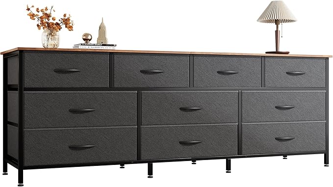 Huuger 63 Inch Dresser for Bedroom, Long Dresser with 10 Fabric Drawers, TV Stand for 55, 65, 70 Inch TV, Toy Storage Organizer for Closet, Rustic Brown and Black-NeatNest