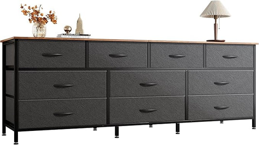 Huuger 63 Inch Dresser for Bedroom, Long Dresser with 10 Fabric Drawers, TV Stand for 55, 65, 70 Inch TV, Toy Storage Organizer for Closet, Rustic Brown and Black-NeatNest
