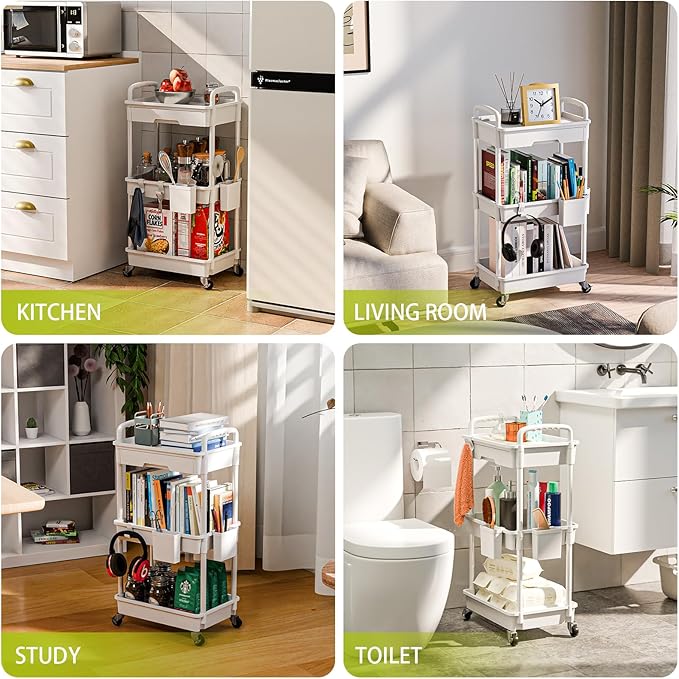 3 Tier Rolling Cart Organizer,Laundry Room Bathroom Organizers and Storage Office Shelves Mobile Shelving Unit Kitchen Trolley Cart with Wheels for Art,Craft,Diaper,Bedside,Snack(White)-NeatNest