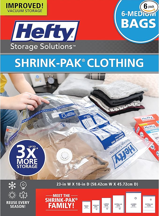 Hefty Shrink-Pak Vacuum Storage Bags - Space Saver for Under Bed Storage, Clothing and Comforters, 3X More Storage Space, 6 Medium Zipper Bags-NeatNest