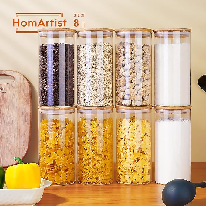 Glass Jars with Bamboo Lids 28 floz [Set of 8], Glass Canisters with Airtight Lids, Glass Food Storage Containers for Pasta, Oats, Coffee, Flour, Sugar, Rice, Best for Kitchen & Pantry-NeatNest