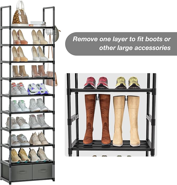 Tall Shoe Rack Narrow 10 Tier Shoes Rack 20 25 Pairs, Shoe Storage Organizer for Closet, Sturdy Metal Shoe Shelf Shoe Stand with 2 Boxes 1 Hook-NeatNest