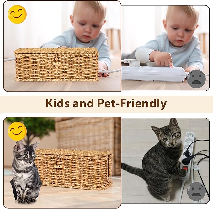Cable Management Box, Handwoven Faux Rattan Cord Organizer Box with Lid, 2 Open Slots Cable Organizer Box, Decorative Cord Hider Box for Tv Computer USB Hub & Power Strip Holder Box