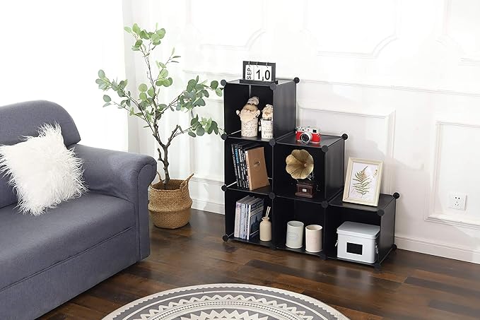 YCOCO Cube Storage Organizer 6-Cube Closet Storage Shelves with Wooden Mallet,Closet Cabinet Bookshelf,Plastic Square Cube Storage for Home,Office, Kids Room,Black