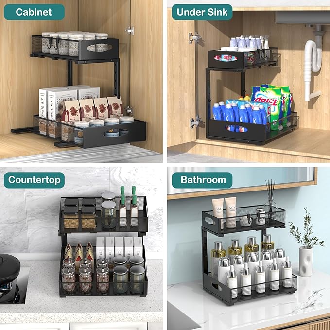 1 Pack Large Under Sink Organizer, 2 Tier Metal Pull Out Under Sink Storage with Sliding Mesh Drawers, Height Adjustable Slide Out Under Cabinet Organizer for Kitchen Bathroom, Black-NeatNest