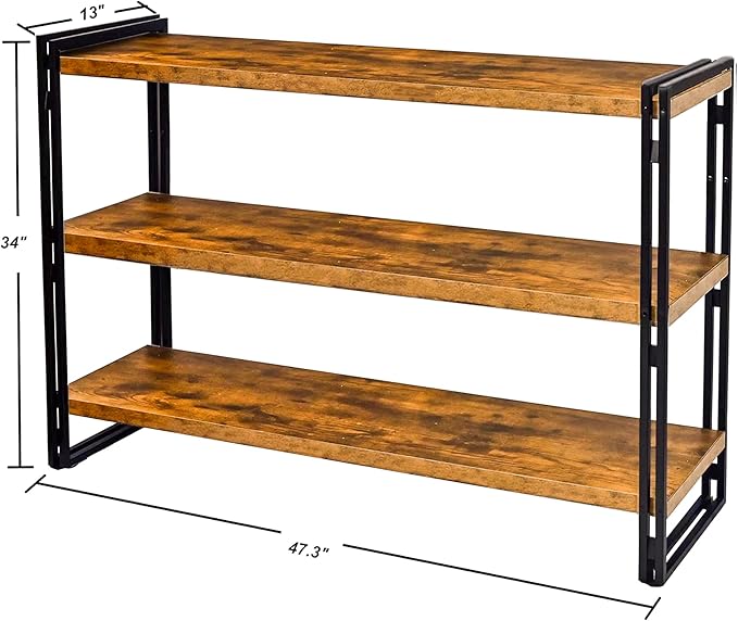 47" 3-Tier Bookshelf Rustic Wood and Metal Industrial Bookshelf for Home Office, Bedroom, Kitchen, Bathroom (Rustic Brown, 3-Tier)-NeatNest