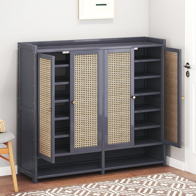 Bamboo Shoe Cabinet, 8-Tier Shoe Storage Cabinet with Doors, Freestanding Bamboo Shoe Rack Organizer with Shelves for Entryway, Hallway, Closet, Living Room (Grey)