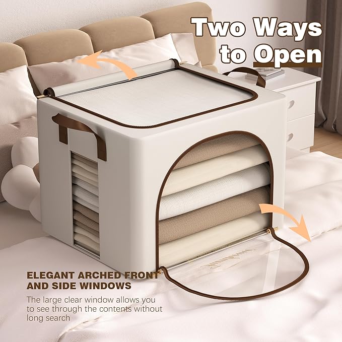 Furnhome 3 pack Clothes Storage Bins with metal Frame, sweater storage for closet, Stackable Storage bins for clothes, Foldable Clothing Storage bins with Cedar Blocks& Windows&Zippers|70L-Off White
